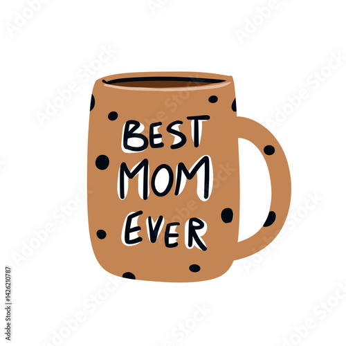 A minimalist flat vector illustration of a ceramic mug featuring the elegant script text 'Best Mom.' 
