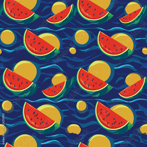 Seamless juicy pattern of watermelon with bright saturated summer colors, playful vector design
