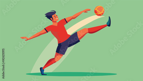 As the ball approaches a player launches themselves into the air twisting their body in multiple directions to perform a dazzling kick earning. Vector illustration