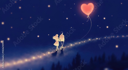 Romantic night stroll: couple with heart balloon under starry sky