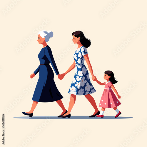 Three generations: grandmother, mother, and daughter walking together, minimalist and emotional flat style.