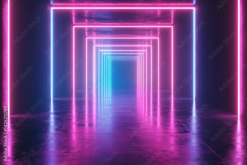 Fototapeta premium Vibrant neon lights create an immersive tunnel experience in a modern art installation during night hours