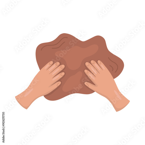 Hands kneading clay, vector illustration. Human hands knead clay. Pottery workshop, handmade products and ceramic clay. Handmade work and hobbies. Vector illustration in cartoon style. 