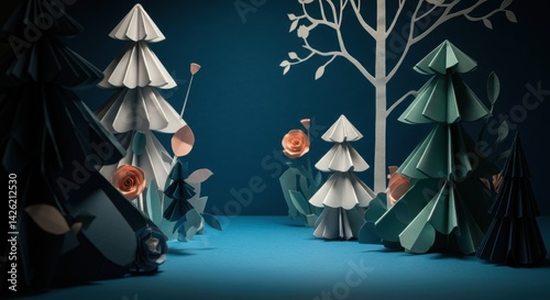 Origami forest: paper trees and flowers in serene night setting