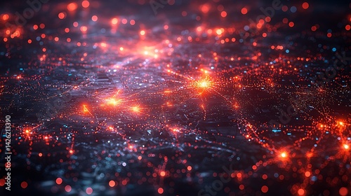 Abstract representation of a digital network with glowing nodes and connections in a dark environment photo
