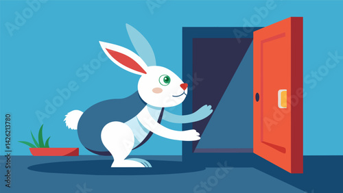 A determined rabbit nudging against the flap of an electronic pet door determined to get outside.. Vector illustration