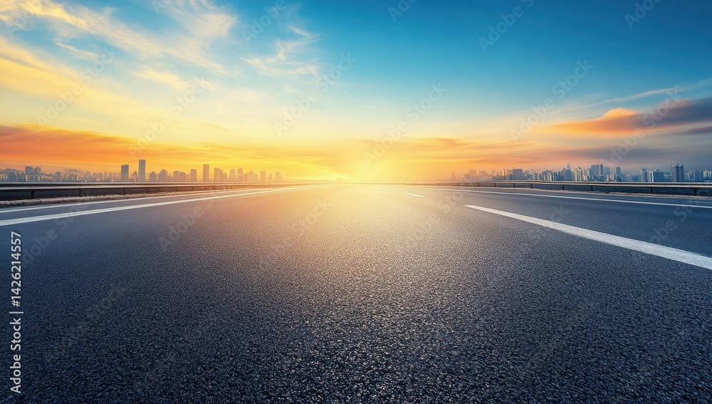 Fototapeta premium Asphalt road stretching into a city skyline at sunrise