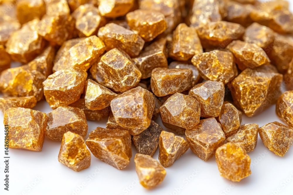 Golden crystals of resin placed together on a white background showcasing their unique shapes and textures Golden crystals of resin placed together on a white background showcasing their unique shapes and textures