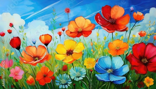 Vibrant Colorful Flowers Painting in a Blue Sky Backdrop A k Watercolor and Acrylic Masterpiece that Sparkles with Energy and Vitality photo