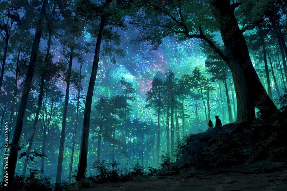 Obraz premium Stargazers admire a magical forest filled with glowing lights on a serene night