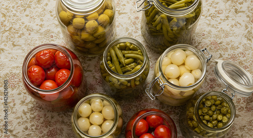 Assortment Of Pickled Vegetables In Jars On A Decorative Tablecloth Still Life