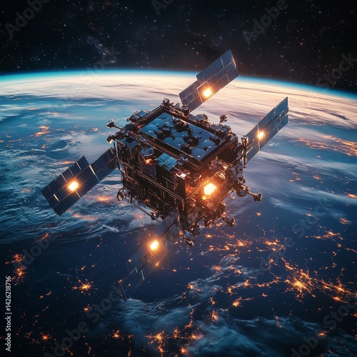 Un satélite cúbico de última generación orbita la Tierra, capturando la majestuosidad del espacio y la superficie terrestre con detalles impresionantes