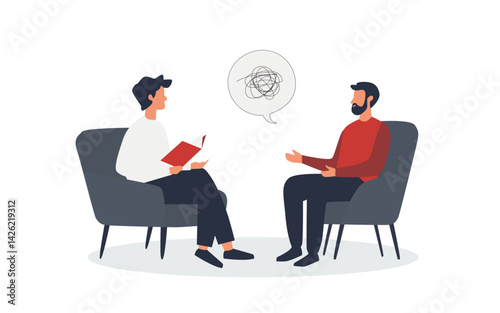 vector illustration of psychologist and patient talking in therapy session. Mental and psychological problems