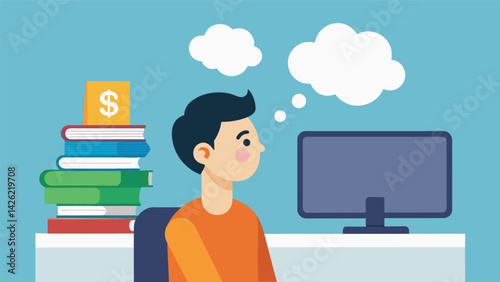 A person staring at a blank computer screen with a thought bubble showing a dollar sign and a stack of books representing the constant worry and. Vector illustration