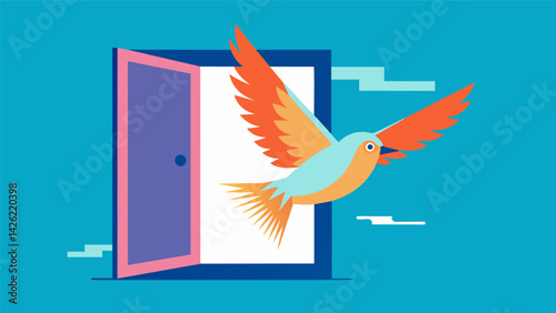 A content bird gliding through an electronic pet door enjoying the freedom of the outside world.. Vector illustration