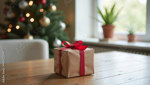 Christmas gift wrapped with red ribbon on a wooden table  