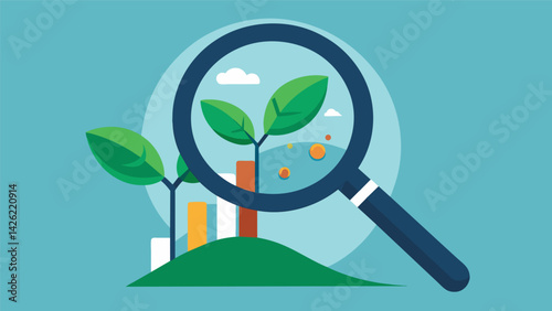 A magnifying glass zooming in on a plant representing the microscopic growth of compound interest.. Vector illustration