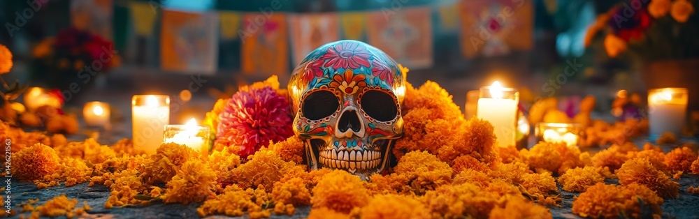 Day of the Dead celebration with colorful skull, candles, and marigolds Day of the Dead celebration with colorful skull, candles, and marigolds