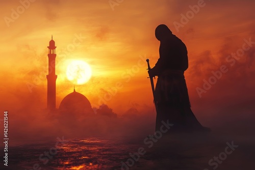 Silhouette of a Muslim Warrior at Sunset Near a Mosque