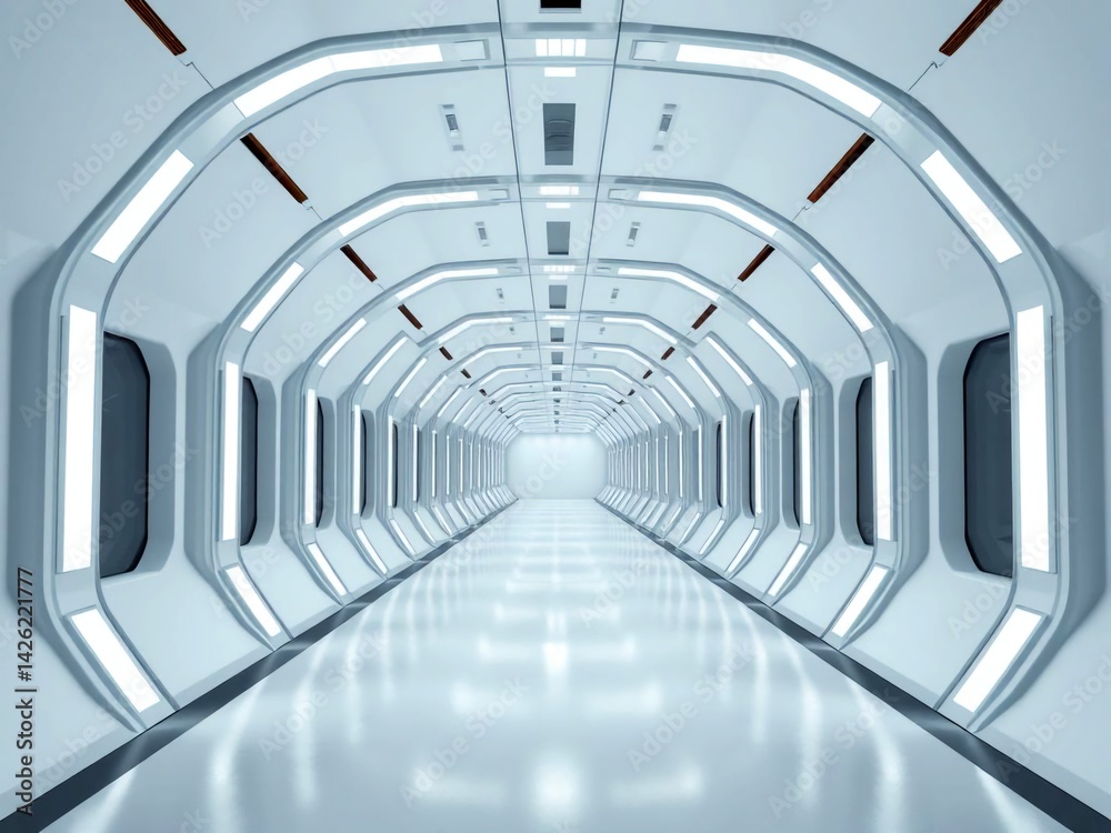 Obraz premium blue corridor in modern building. tunnel, architecture, glass, interior, corridor, city, bridge, light, futuristic, building, subway, business, urban, station, perspective, office, hall, steel, metro,
