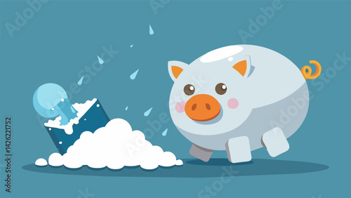 A snowball slowly crushing a piggy bank symbolizing the potential impact of compound interest on savings.. Vector illustration