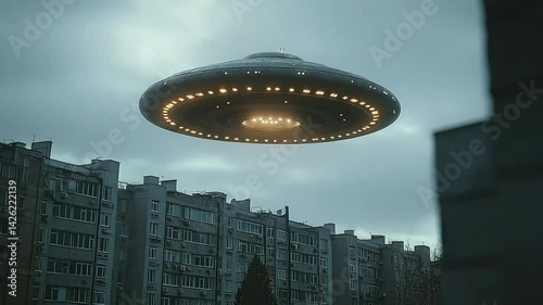 UFO over city at twilight