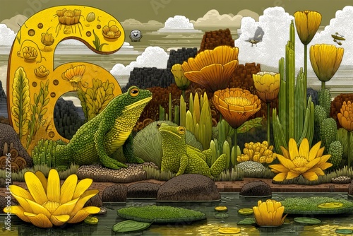 Green frogs in a vibrant landscape of yellow flowers and blooming lily pads near a serene pond