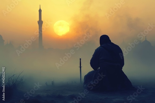 Lone Muslim Warrior's Dawn Prayer: A Silhouette of Faith and Reflection