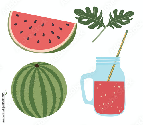  icons set of ripe fruit  halved slices, whole watermelons