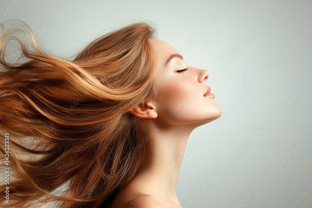 Fototapeta premium Beautiful woman in profile with long and shiny wavy hair . Beauty model girl with curly hairstyle . Fashion, cosmetics and makeup 