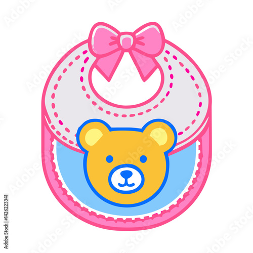 Pink and Blue Baby Bib with Bear Illustration – Flat Icon for Baby Store Graphics, Feeding Time Infographics, and Childcare Content
