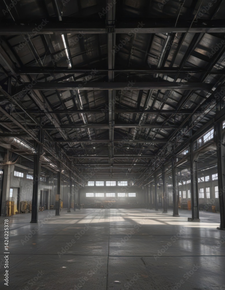 Obraz premium Soaring industrial ceiling, exposed ductwork and beams, room, industrial design