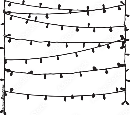 Create a row of Christmas lights vector art silhouette with white background.