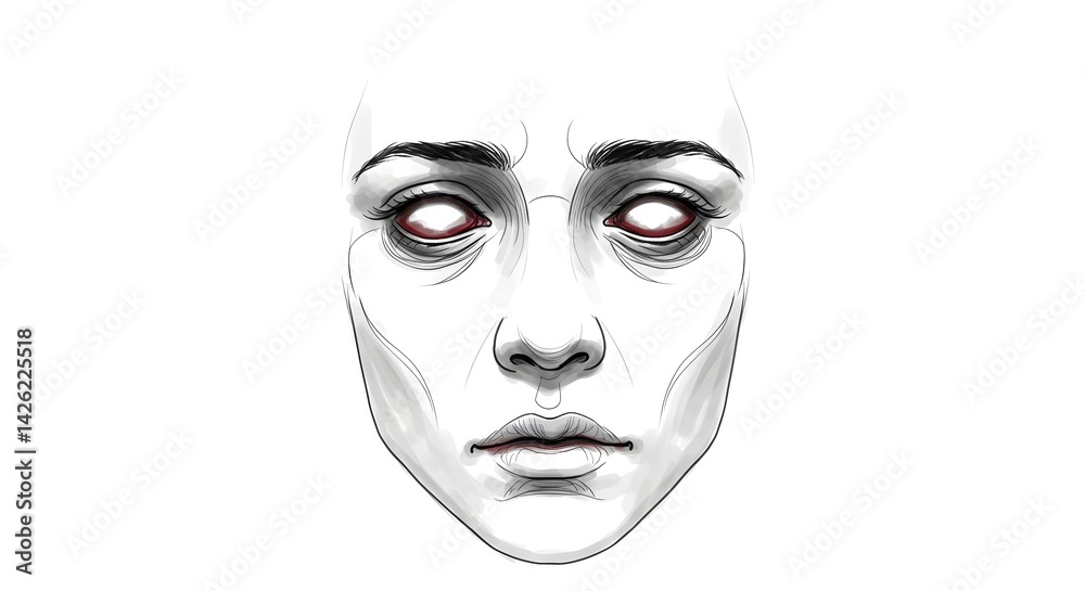 Eerie Woman Face Sketch with Glowing Eyes on White Background Eerie Woman Face Sketch with Glowing Eyes on White Background