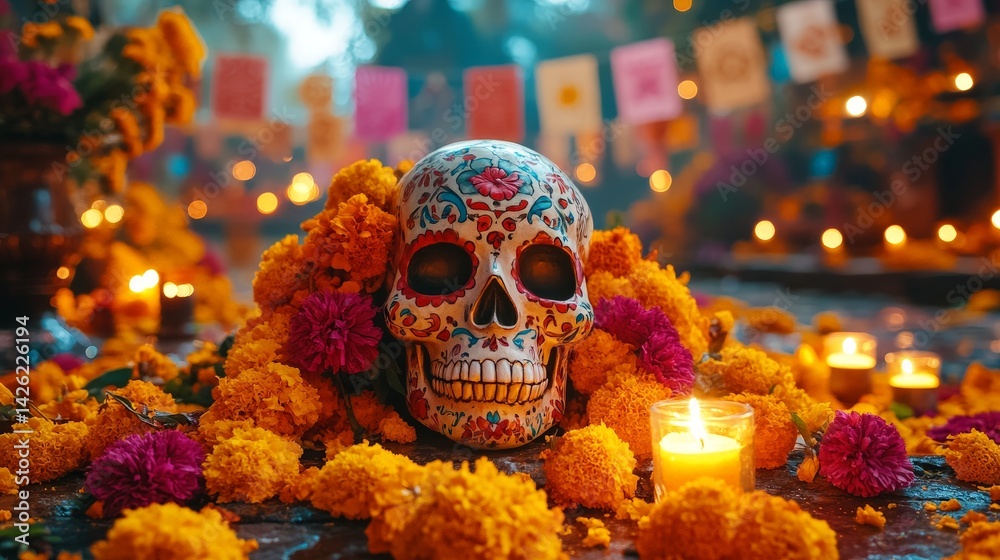 Day of the Dead celebration with colorful skull, candles, and marigolds Day of the Dead celebration with colorful skull, candles, and marigolds