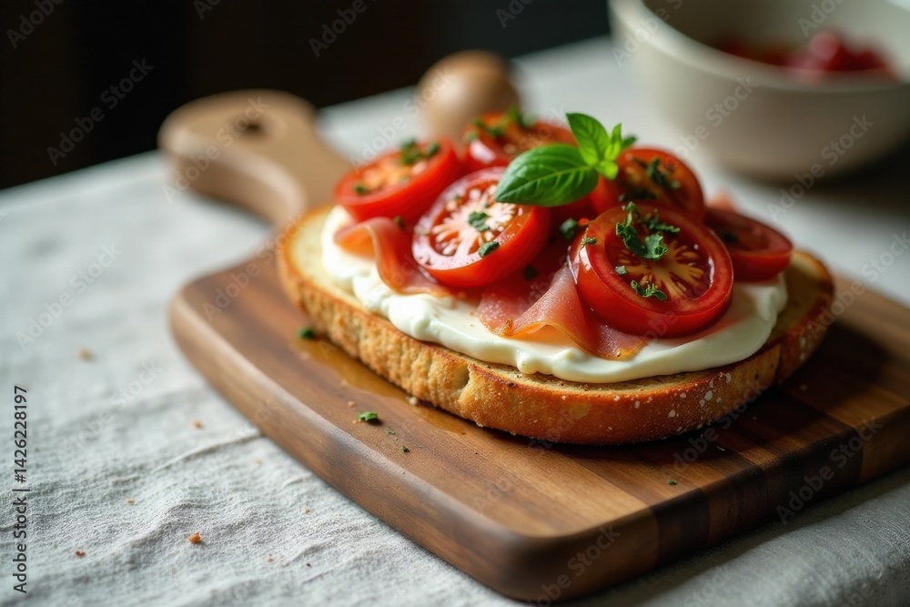 Delicious toasted bread topped with creamy spread, savory cured meat, and fresh sliced tomatoes garnished with basil