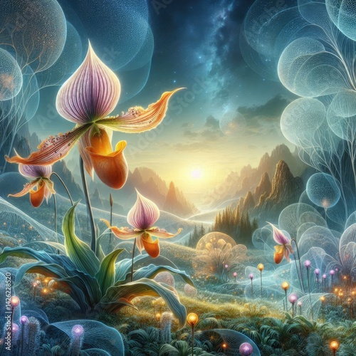 Gorgeous Rothschild's Slipper Orchid (Paphiopedilum rothschildianum):，Background grassland fantasy
 photo