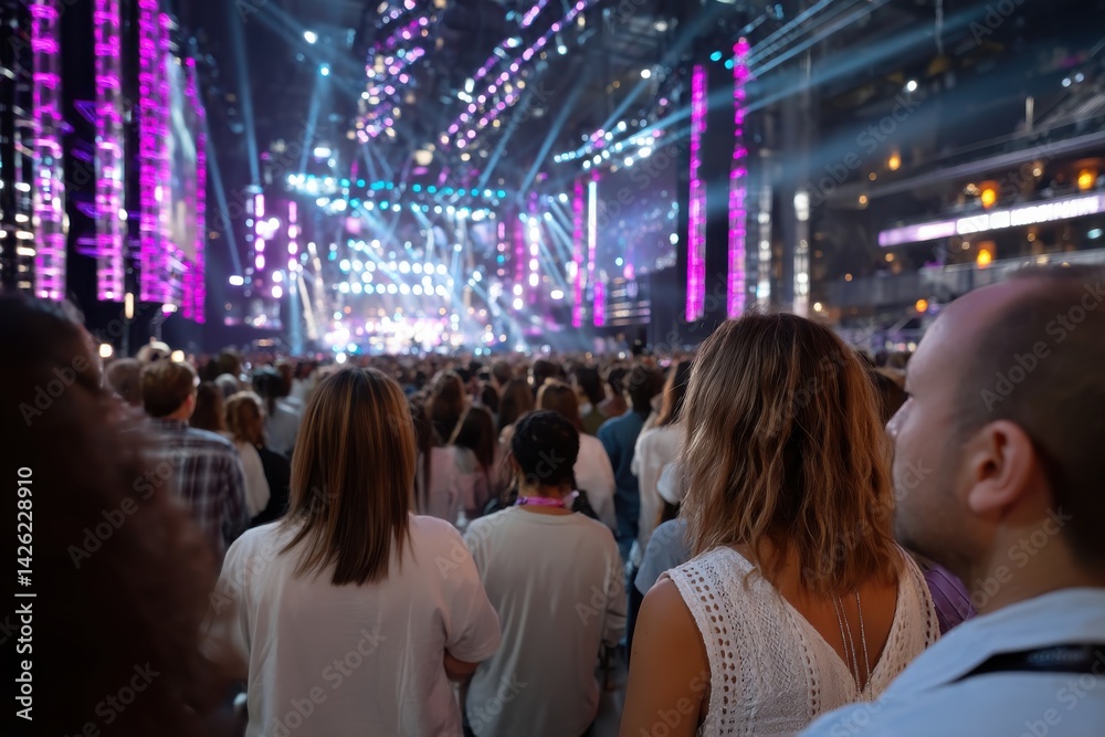 A vibrant crowd at a large concert is captivated by the performance on stage, showcasing the energy and excitement of live music events and shared experiences. A vibrant crowd at a large concert is captivated by the performance on stage, showcasing the energy and excitement of live music events and shared experiences.