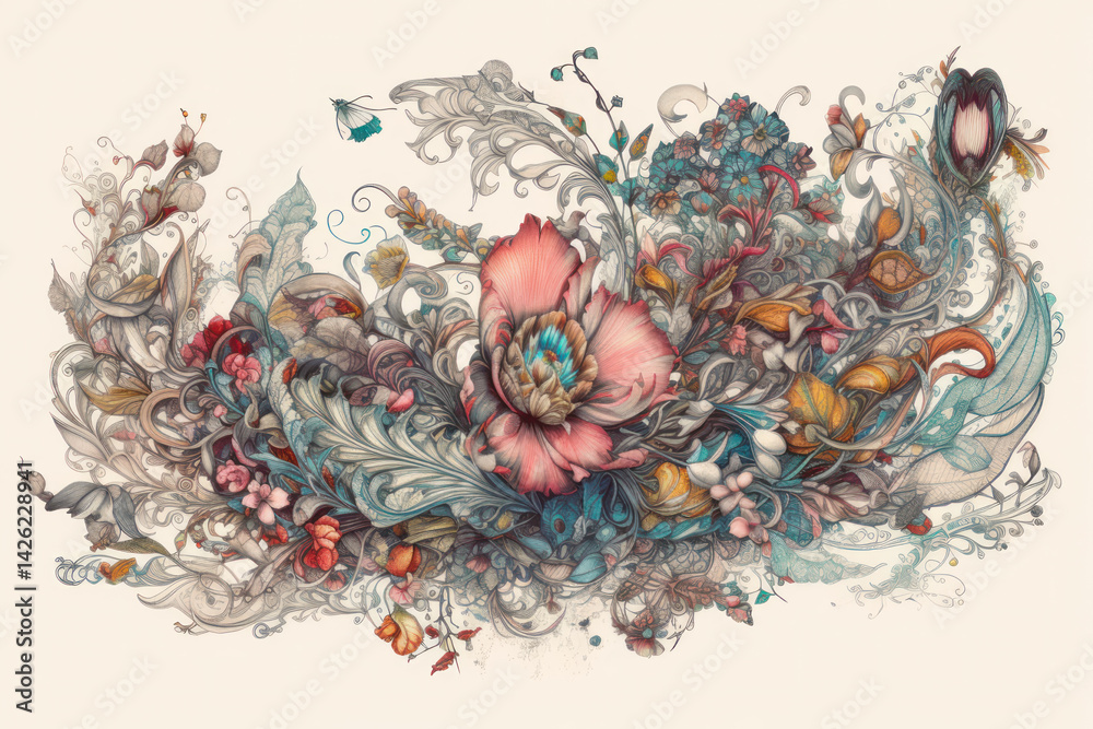 An exquisite botanical illustration, made using digital art technique. A fantasy composition of flowers, leaves, curls and fine details is depicted on a light background.