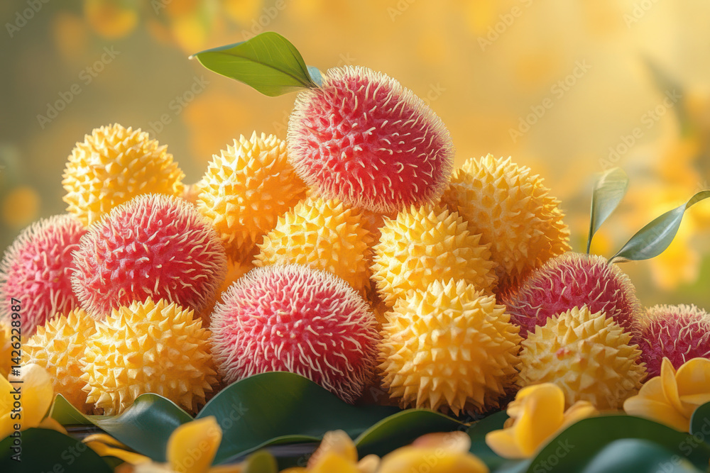 A fantastic composition with bright exotic fruits against a soft yellow bokeh background.