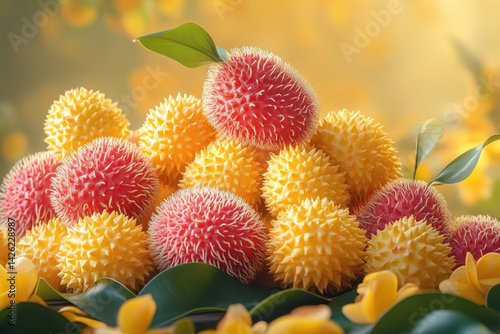 Obraz na płótnie A fantastic composition with bright exotic fruits against a soft yellow bokeh background. w salonie