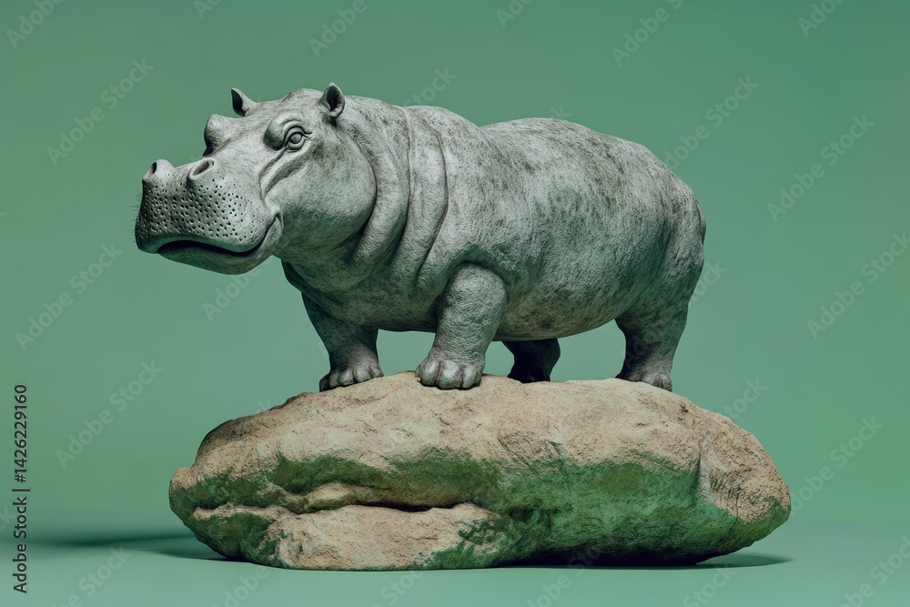 Fototapeta premium A gray hippopotamus figurine stands on a rock.