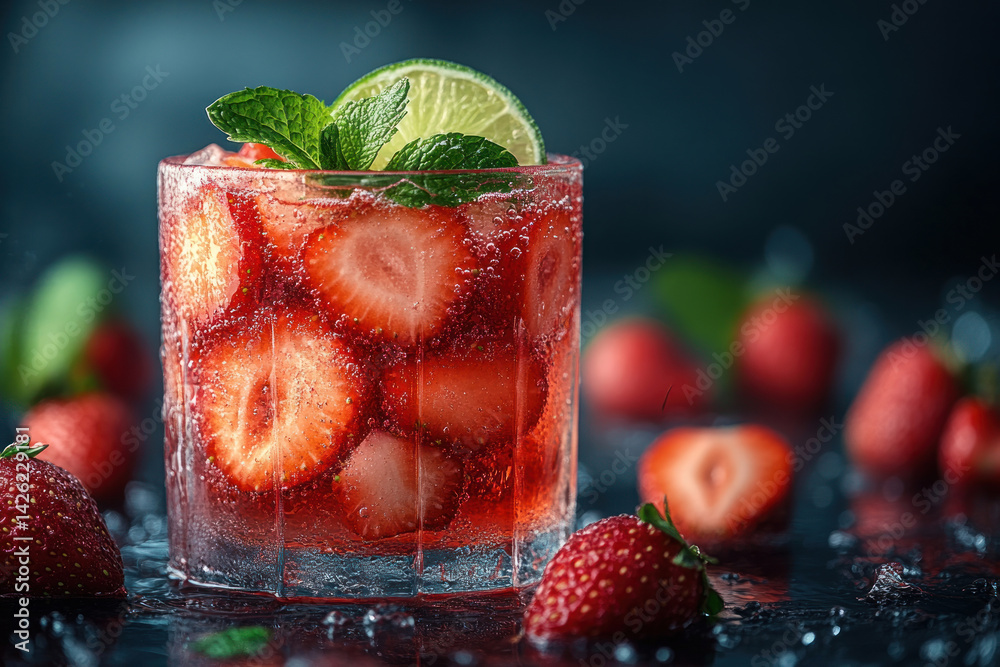 A refreshing summer drink with strawberries, lime and mint in a glass.