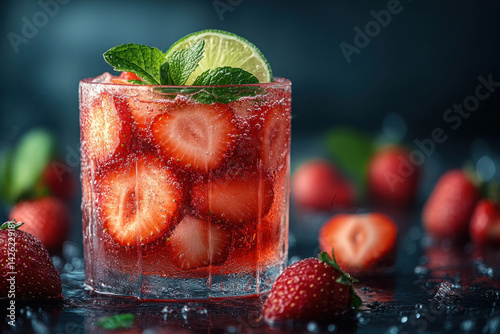 Obraz na płótnie A refreshing summer drink with strawberries, lime and mint in a glass. w salonie