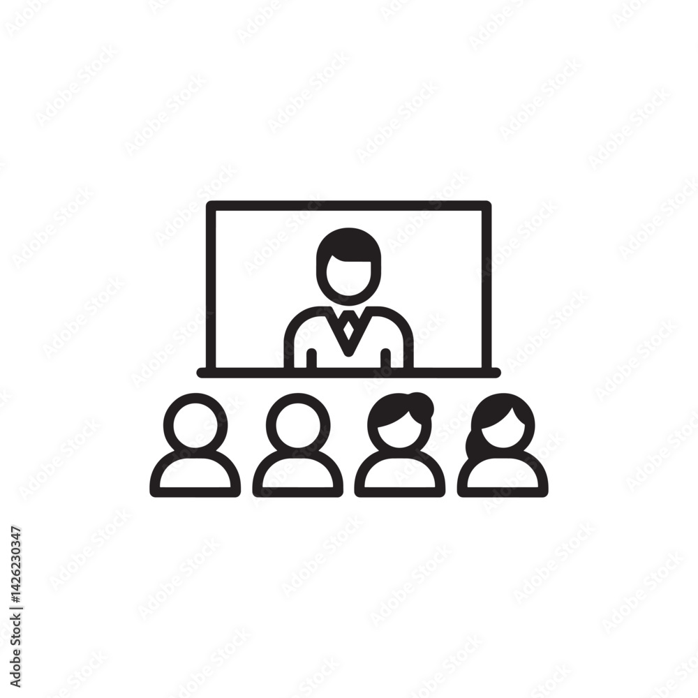 Black and White Icon of a Virtual Meeting with a Speaker on Screen and Participants Seated Representing Video Conferencing, ditable Vector Illustration Isolated on a White Background