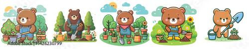 Vector of a bear gardening.