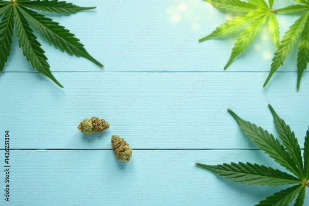 Serene Cannabis Leaves and Buds on a Light Blue Wooden Background, Ideal for Wellness and Natural Product Designs