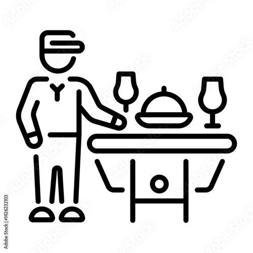 Hotel waiter serving food, line style icon 