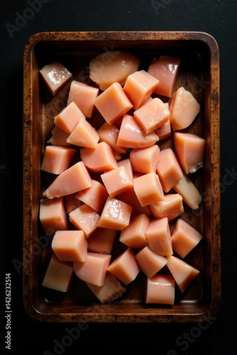 Obraz na płótnie A wooden tray filled with neatly arranged, bite-sized pieces of pale pink meat, ready for cooking w salonie