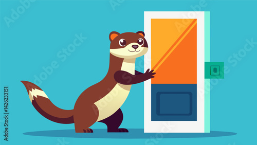 A friendly ferret playfully darting in and out of an electronic pet door enjoying the game.. Vector illustration